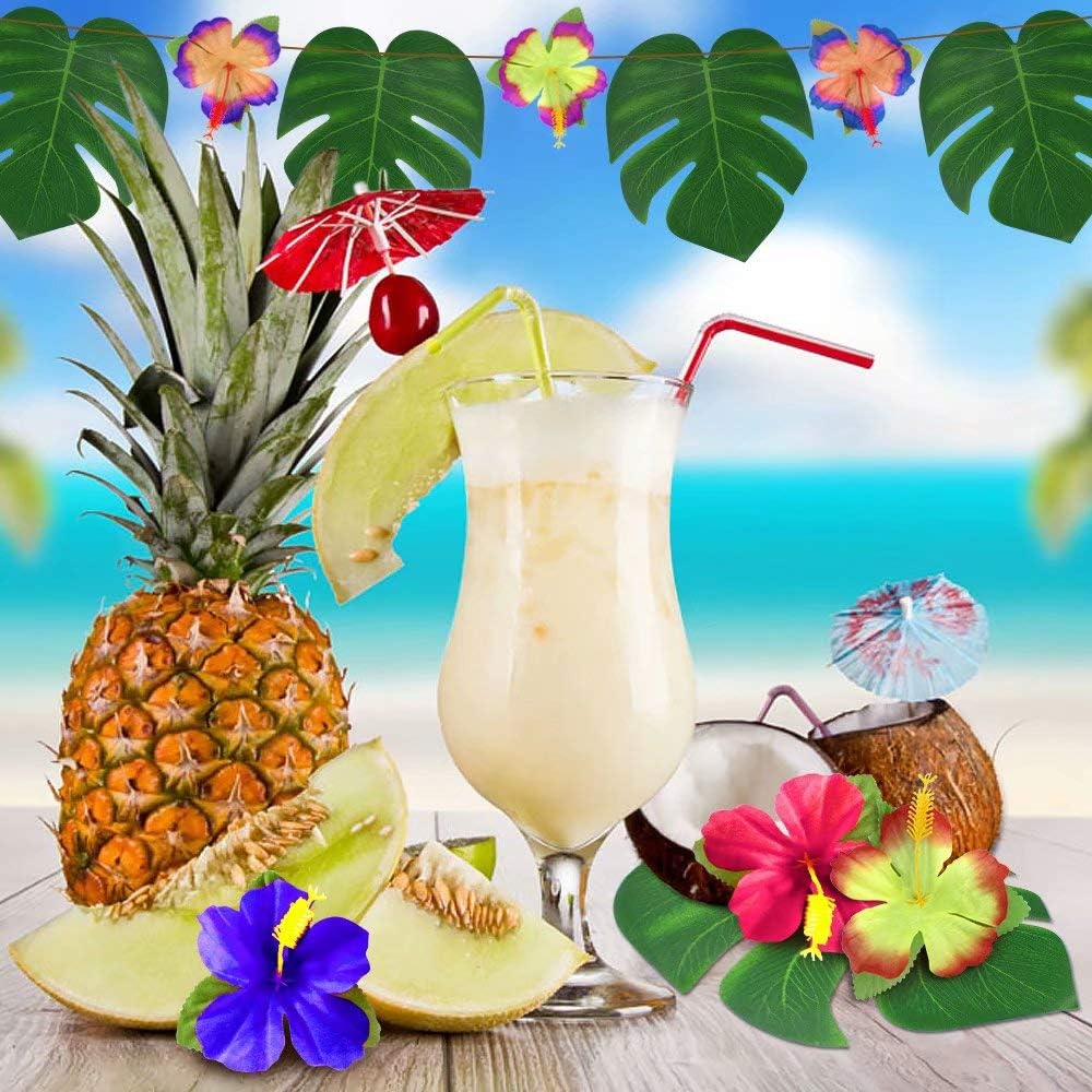 Hot UMIKU 60Pcs Luau Party Decorations Tropical Hawaiian Supplies Palm Leaves | Hibiscus Flowers Simulation Artificial Leaf for Safari Party Jungle Beach Theme BBQ Birthday Party Decorations Table Decor