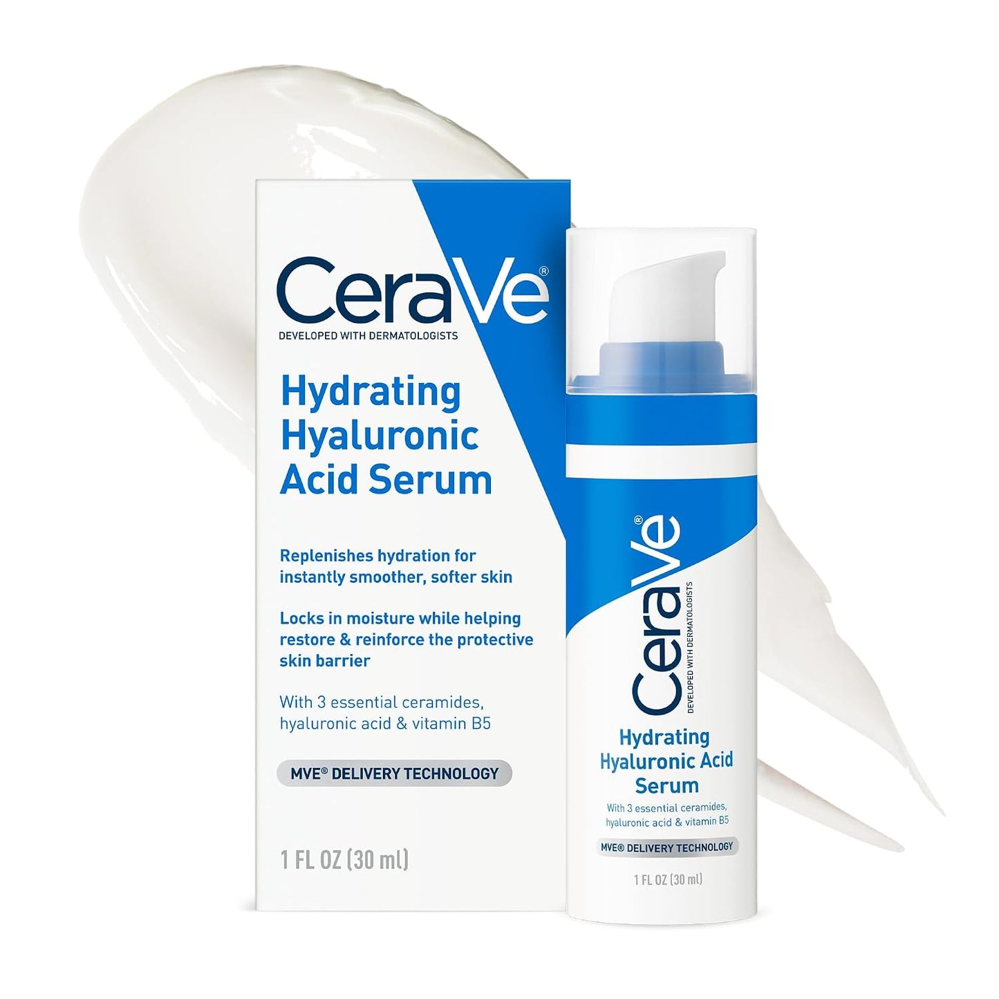 HotCerave Hyaluronic Acid Serum for Face with Vitamin B5 and Ceramides, Hydrating Face Serum for Dry Skin, Fragrance Free, 1 Ounce