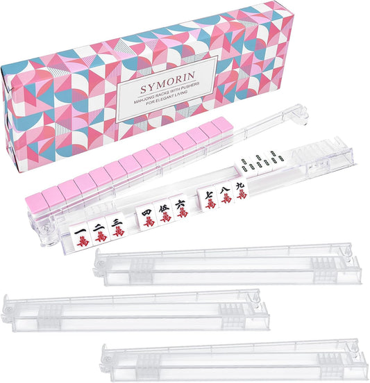 HotNon-Slip Mahjong Racks with Pushers, 4-Pack Clear Acrylic Racks, American Mahjong Accessories, Gift-Ready Mahjong Gifts (Clear)