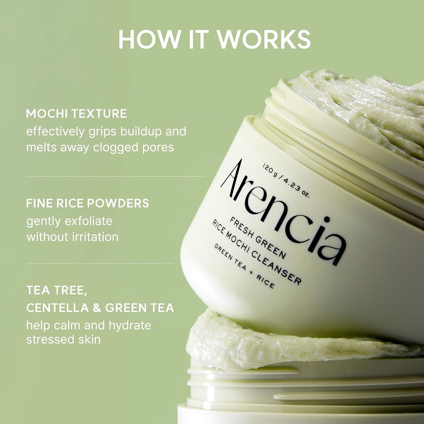 HotArencia Korean Rice Mochi Face Cleanser - Face Wash, Gentle Scrub All in One for Deep Cleansing, Moisturizing, Pore Minimizing with Rice Water & Green Tea (4.23oz)