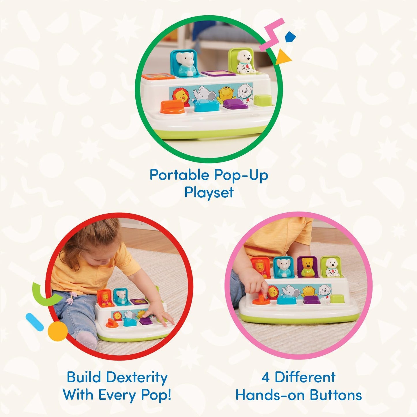 HotBattat Pop-Up Toy, Pop-Up Pals Cause-and-Effect Animal Toy, Toddler, 4 Pals | 4 animal pals pop up with turn, press, flip, and slide actions; colors, shapes, carry handle, Toddler, 4 Pals; 18+ Months