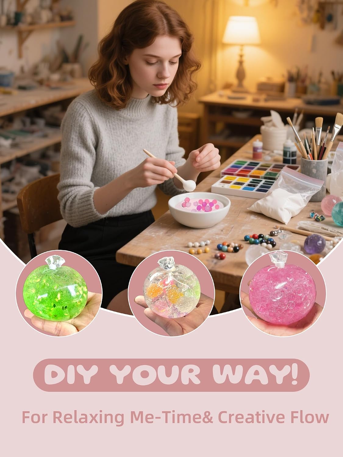HotDIY Stress Ball Making Kit-Easy DIY- 10 TPR Skins, 13 Fillers, 14 oz Slime, 7 oz Clay, Create ASMR Anxiety Relief Toys, Handmade Squishy Stress Balls, Self-Care Gifts for Women, Crunchy Relaxing