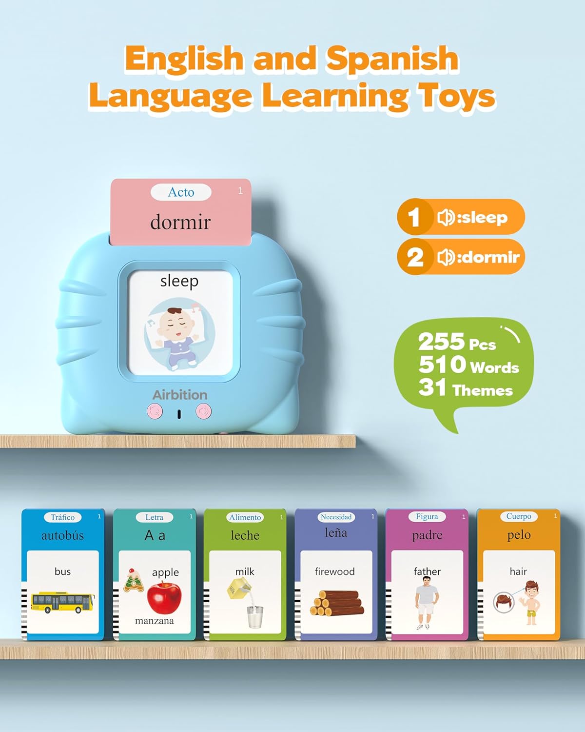 Hot Airbition Bilingual Spanish and English Talking Flash Cards for Ages 2+ | 510 Words, Pocket Speech Therapy Toy with 31 Themes, Montessori Language Learning Toy, Sensory Learning Kit for Children