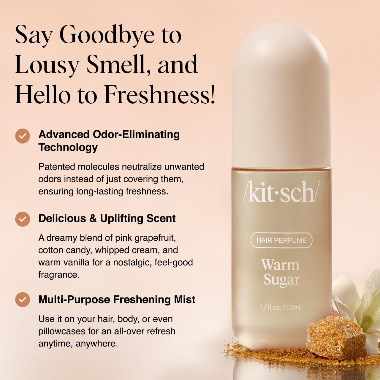 HotKitsch Hair Perfume for Women - Warm Sugar, 50mL | Clean, Deodorizing & Patented Odor-Eliminating Technology Hair Spray & Body Mist | Freshen Hair, Body & Pillows