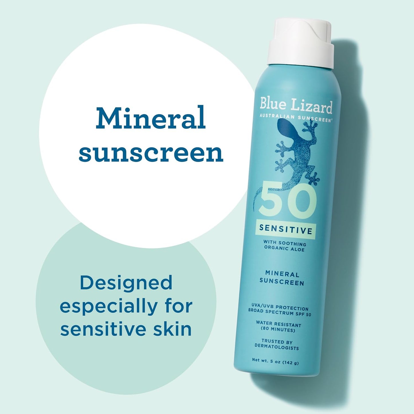 HotBlue Lizard Sensitive Mineral SPF 50 Spray, Dermatologist-Recommended Brand, Broad-Spectrum UVA/UVB Protection, Water-Resistant, Zinc Oxide Formula, 5 oz