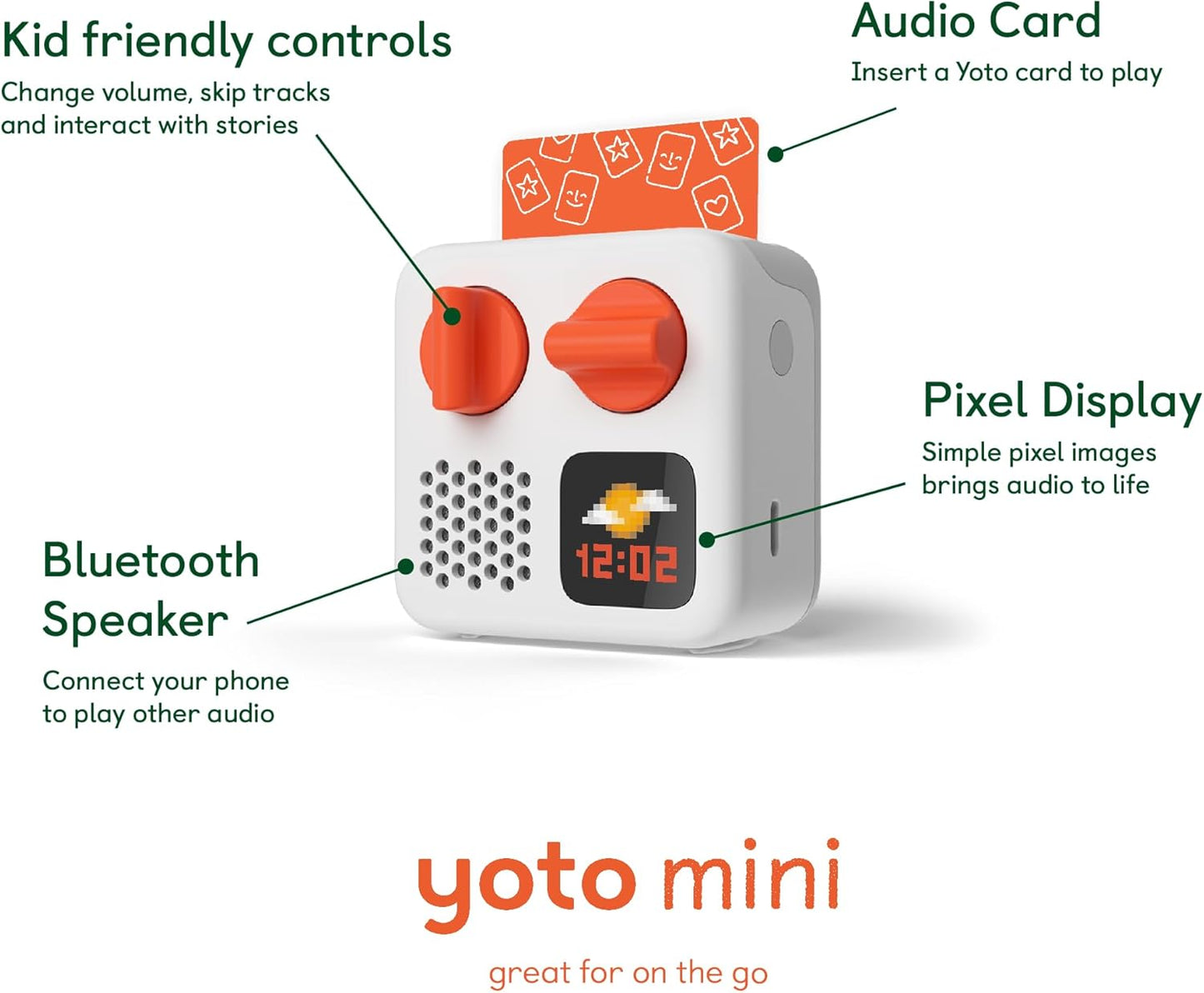 HotYoto Mini (2024 Edition) + Make Your Own Card – Kids Screen-Free Bluetooth Audio Player, All-in-1 Travel Device Plays Stories Music Podcast Radio Ok-to-Wake Clock, Use as Speaker or with Headphones