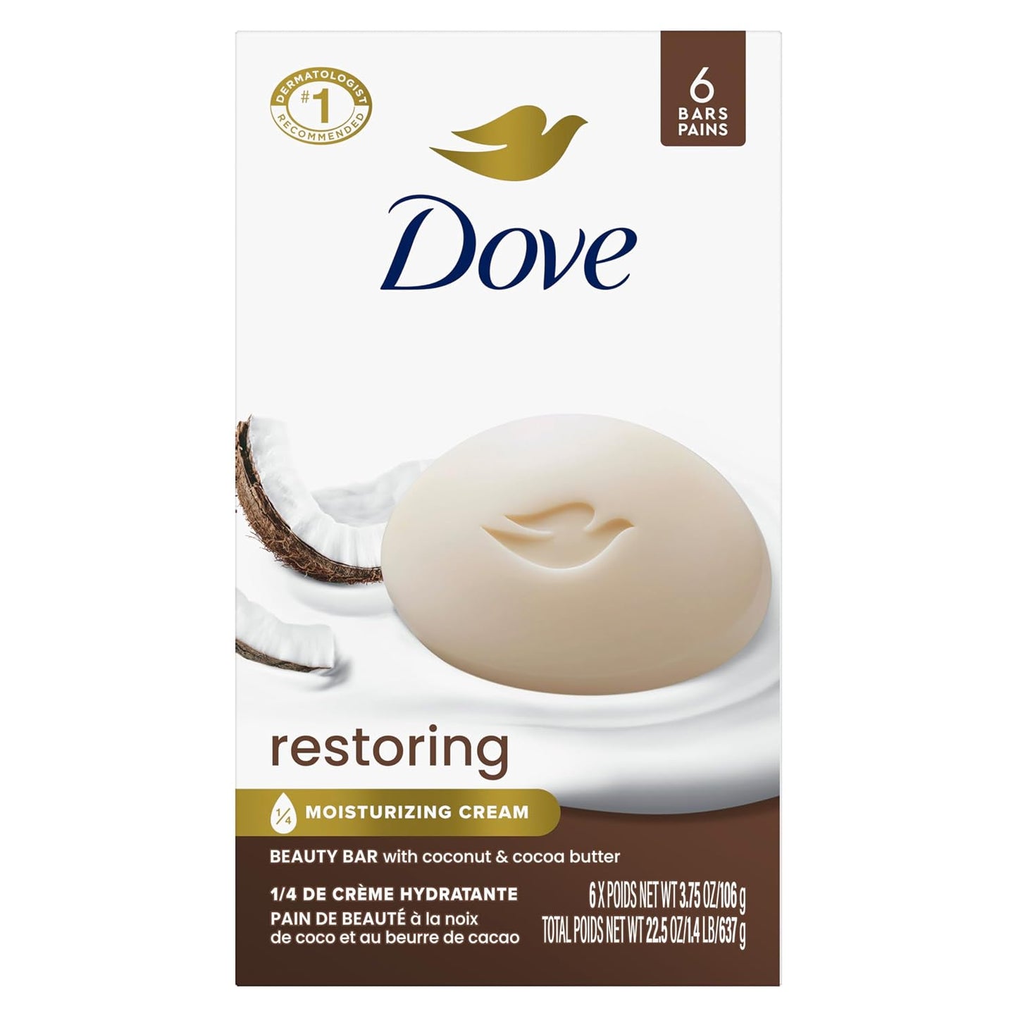 HotDove Beauty Bar Soap Restoring Coconut & Cocoa Butter 6 Count for Restored Skin, Nourishes Skin 3.75 oz