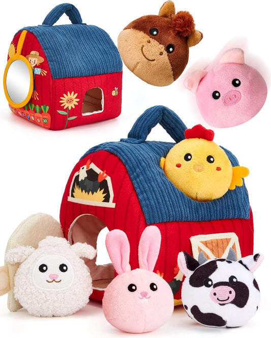 Hothahaland Baby Toys 6-12 Months - Surprise Barn Stuffed Farm Animals Plush | 6 Month Old Montessori Toys with Rattle Crinkle Sound, Texures, Mirror, Infant Sensory Balls 7 8 9 Month Old Baby Boy Gifts