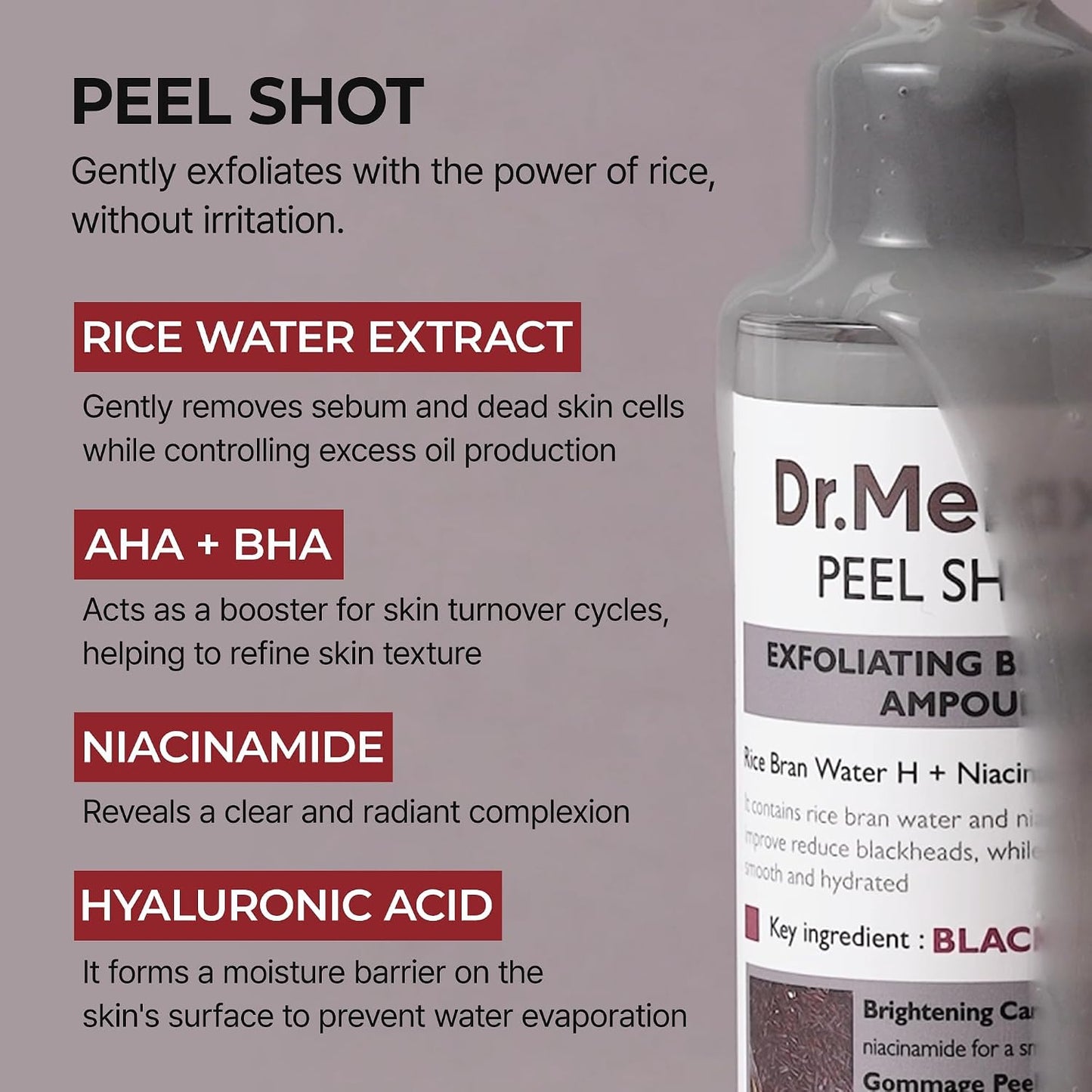HotDr.Melaxin Peel Shot Black Rice Exfoliating Ampoule, Face Exfoliator with AHA BHA Niacinamide Rice Bran Water, Blackhead Remover, Pore Minimizer, Brightening Glass Skin Serum, Korean Skin Care, 2.7 oz