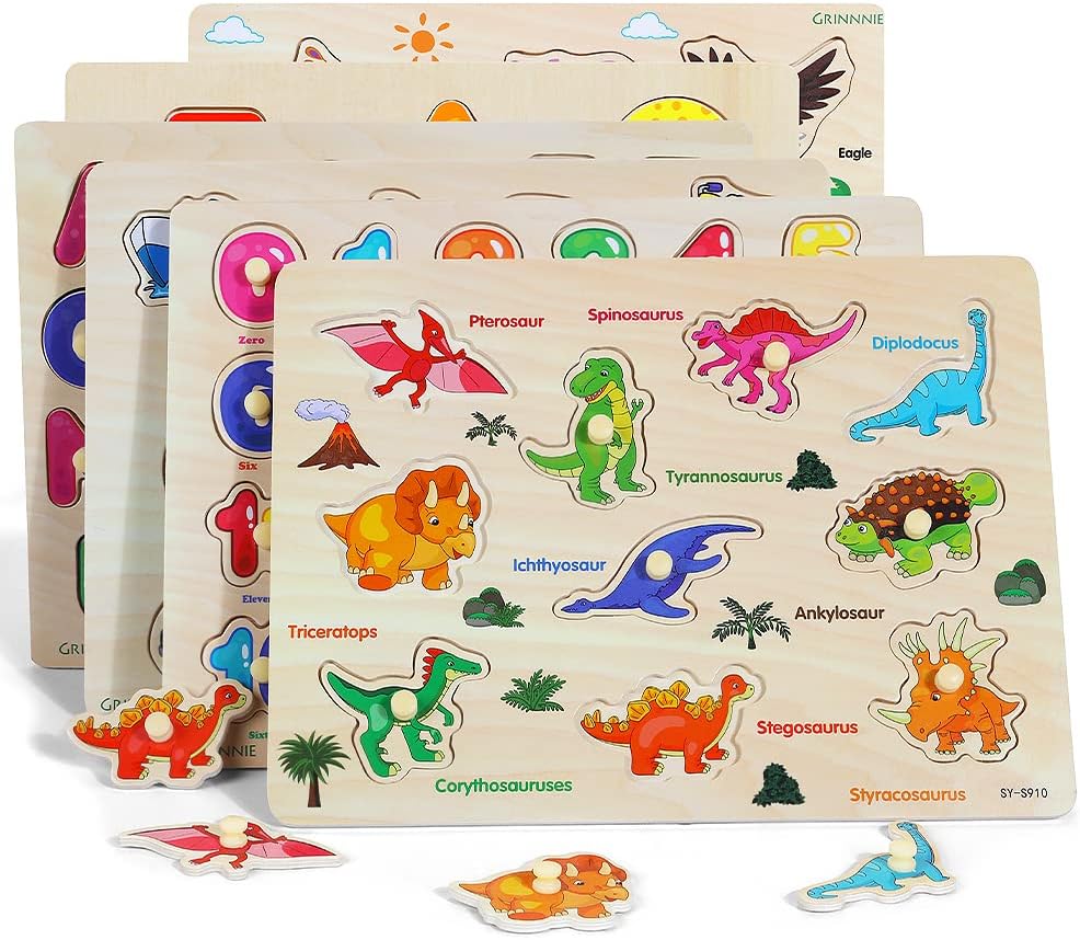 Hot GRINNNIE Wooden Peg Puzzle for Toddlers, 6 Pack Toddler Puzzles Set for 3 4 5 Years Old (Alphabet Number Shape Animal Dinosaur Vehicle), Preschool Education Learning Puzzle Toys for Girls and Boys