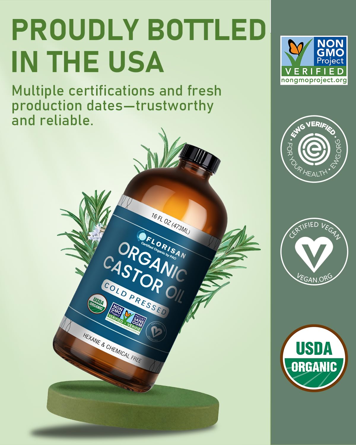 HotFlorisan USDA Certified Organic Castor Oil 16oz Glass Bottle, Cold Pressed, Hexane-Free, Non-GMO, Vegan, 100% Pure Castor Oil for Hair Growth, Skin, Lashes, Eyebrows, EWG Verified