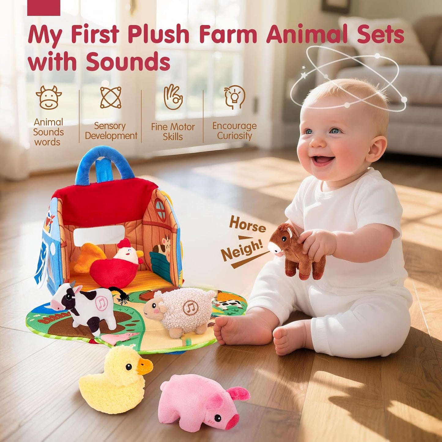 Hothahaland Baby Toys 6-12 Months - Surprise Barn with Stuffed Farm Animals with Real Sounds - Montessori Toys for 6 Month Old Baby Gifts Toddlers Sensory Toy 1 Year Old Boy Girl Gifts Infant Toys