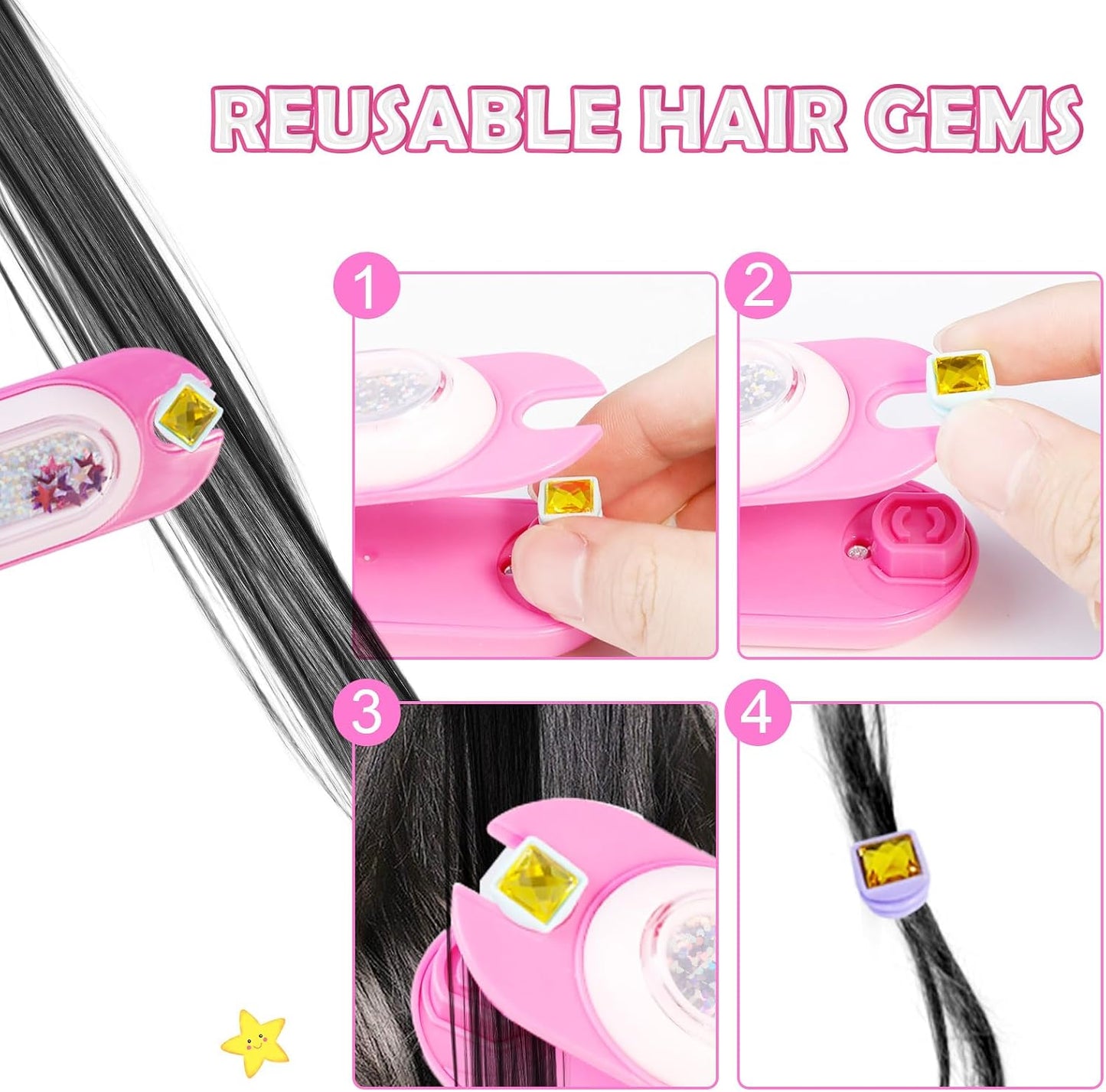 Hotkidzkube Hair Gem Stamper Kit, Bling Hair Jewels for Girls Toys, Hair Styling Tool with Reusable Shining Diamonds, Birthday Gifts Toys for Girls Ages 3 4 5 6 8-12 (Pink)