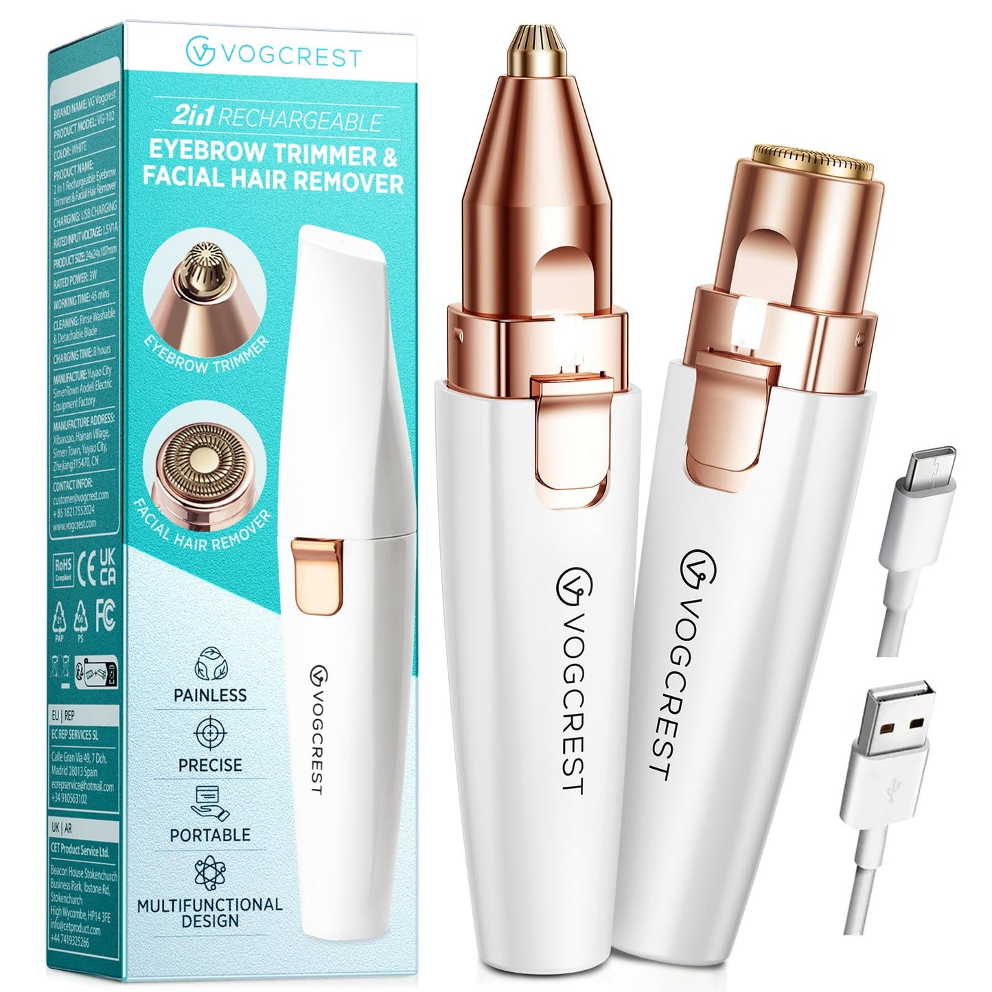 HotVG VOGCREST Eyebrow & Facial Trimmer: 2 in1 Rechargeable Facial Hair Removal & Eyebrow Shaver - Body Razor with Built-in LED Light (Rose Gold)