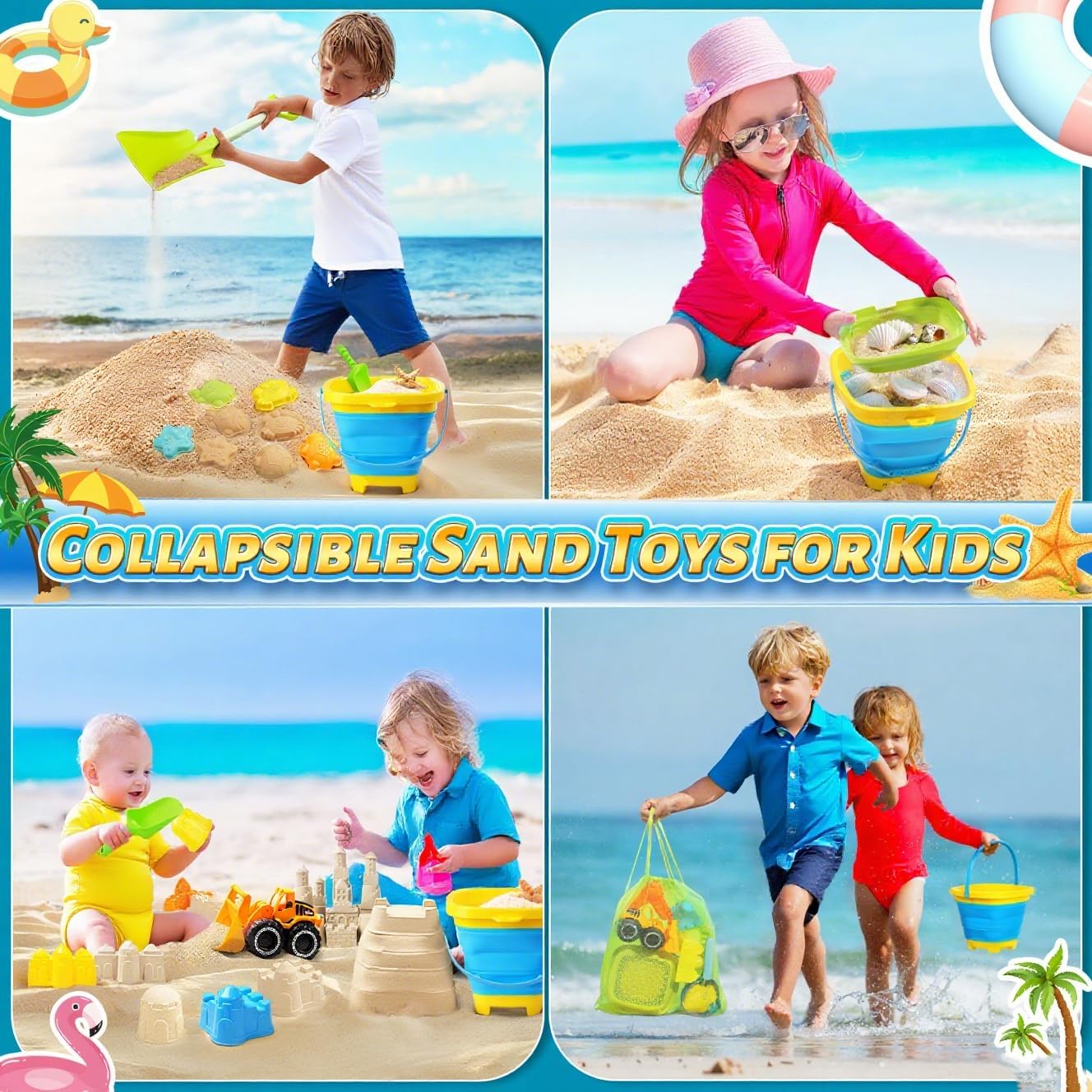 HotCollapsible Beach Sand Toys for Kids, Sandbox Toys Summer Travel Essentials | Includes Bucket, Sand Shovel, Beach Sifter, Castle Molds, Toddler Beach Toys with Mesh Bag, Outdoor Beach for Kids Girls
