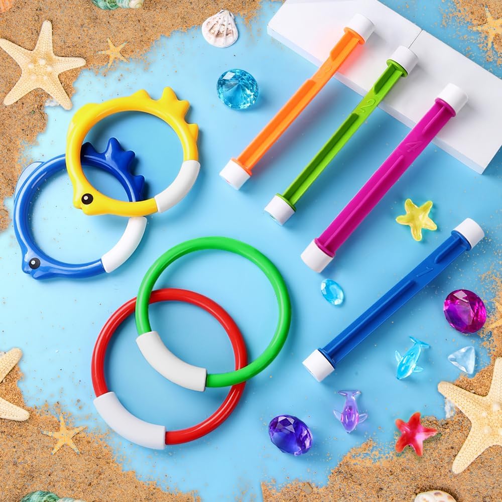 HotYUJUN 18PCS Pool Diving Swimming Toys, Summer Underwater Game Toys with Pool Fishes Dive Sticks Rings Gems Storage Bag for Kids Swim Birthday Party Favors
