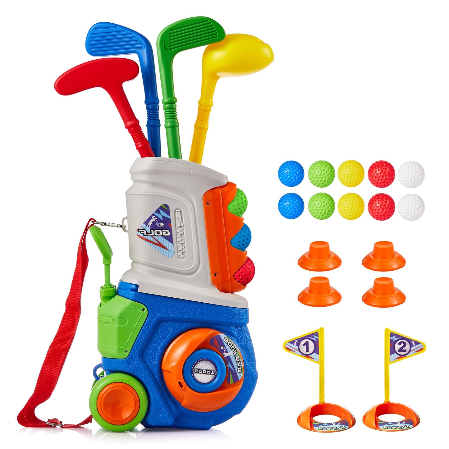 HotPJG Toddler Golf Set, Plastic Kids Golf Clubs Ages 1 2 3 4 Years Old with 4 Golf Clubs and 10 Balls, Indoor and Outdoor Golf Toys with Cart for Toddlers Boys and Girls Birthday Gift (Blue)