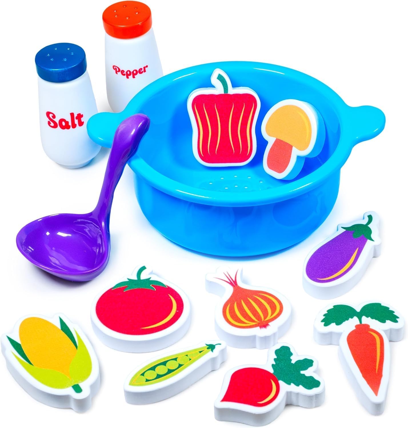HotTub Works® Tub Soup™ Scoop, Strain & Play Toddler Bath Toy | Floating Foam Veggies, Ladle for Scooping & Soup Pot for Straining | Pretend Play Cooking Kids Bath Toys | Creative Bathtub Toys