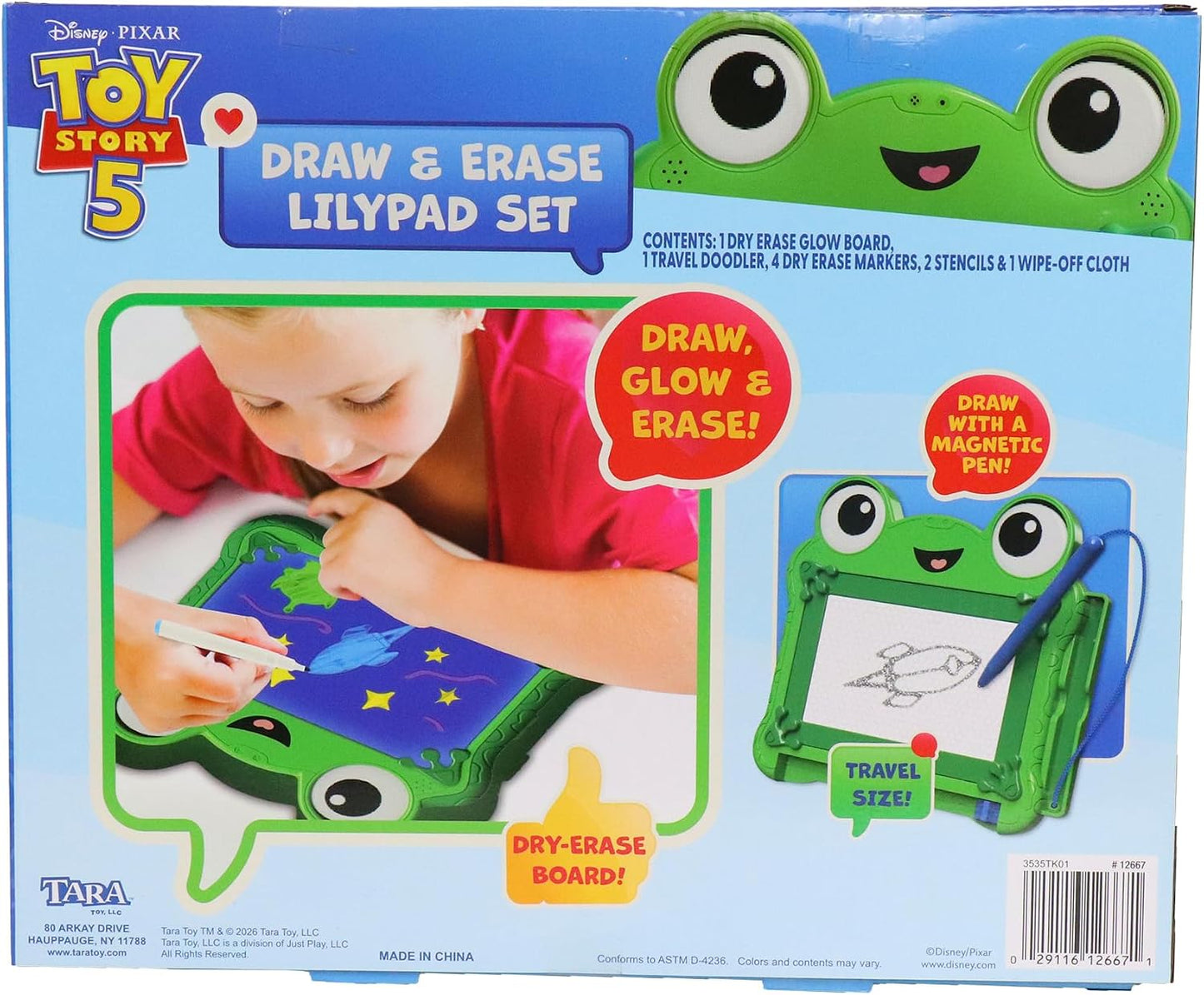 HotDisney Pixar Toy Story 5 Draw & Erase Lilypad Set, Frog Glow Board & Pen | 8.5-in Light-up Drawing Pad with 4 Dry Erase Markers, 2 Stencils, Wipe-off Cloth, and Travel Magnetic Doodle Board