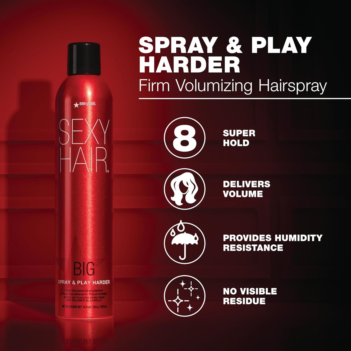 HotSexyHair Big Spray & Play Harder Firm Volumizing Hairspray | All Day Hold and Shine | Up to 72 Hour Humidity Resistance