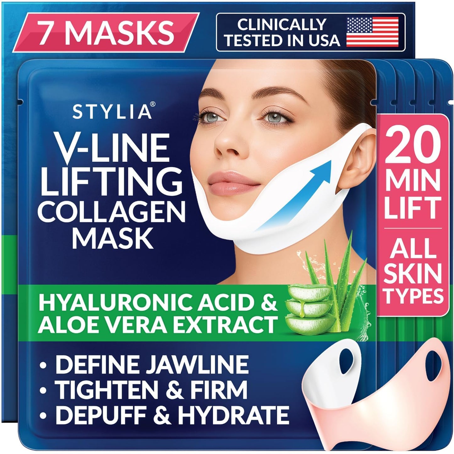 HotStylia V Line Lifting Collagen Mask - Lift, Firm & Contour Jawline - Tightening Double Chin Strap with Hyaluronic Acid & Aloe - Neck Tightening and Lifting Mask - Jawline Shaper Face Lift Tape (10PC)