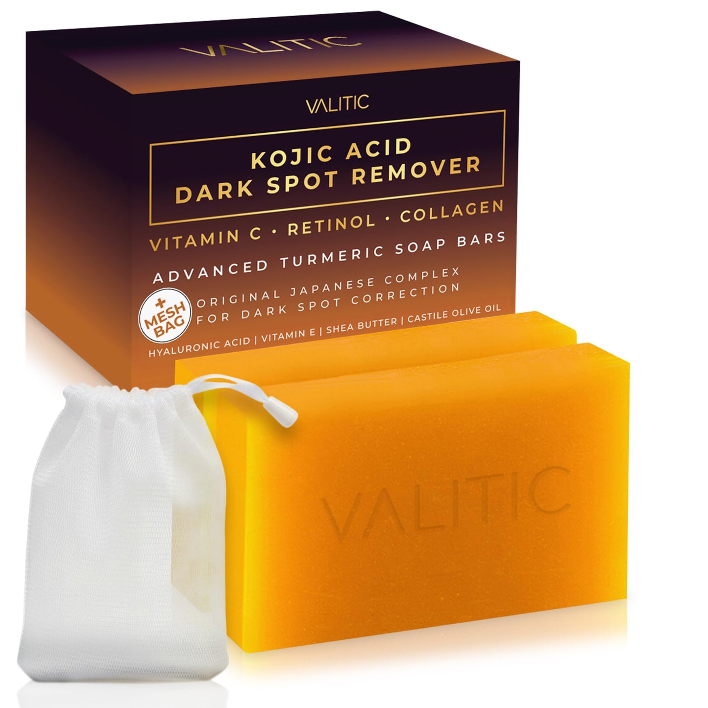 HotValitic Kojic Acid Dark Spot Remover Soap Bars with Vitamin C, Retinol, Collagen, Turmeric - Original Japanese Complex Infused with Hyaluronic Acid, Vitamin E, Shea Butter, Castile Olive Oil (3 Pack)