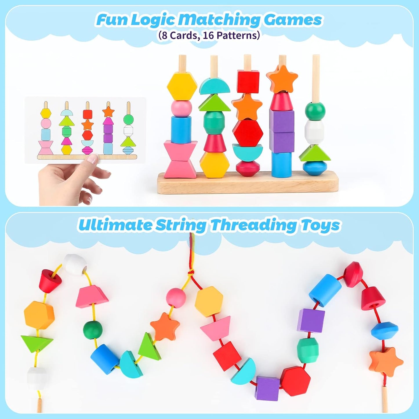 Hot Montessori Wooden Beads Sequencing Toy Set, Stacking Blocks & Lacing Beads & Matching Shape Stacker, Montessori Toys for 3 4 5 Year Old STEM Preschool Learning Toys Gifts for Kids Boy Girl Toddler