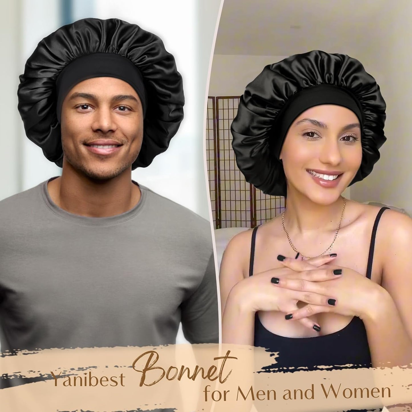 HotYANIBEST Soft Satin Bonnet for Men Women, Sleep Cap to Maintain Moisture | Unisex Double Layer, Bonnet for Sleeping, Protect Hair, Natural Wave, Curly Coily, Reduce Frizz, Adjustable Sleep Hat