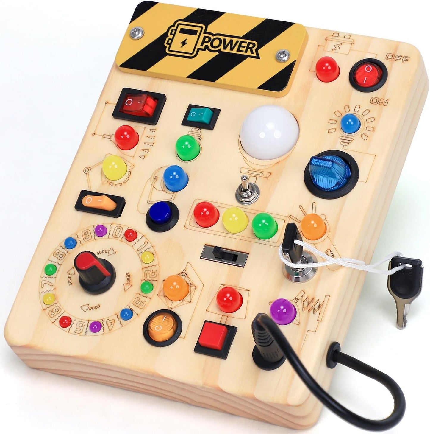 HotBusy Board with LED Light Switches, Montessori Toys for 1 2 3 Years Old, Toddlers Wooden Toy Sensory Activity Board, Travel Toys for 1+ Year Old Boy & Girl Birthday Gift
