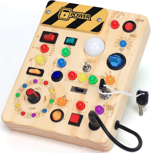 HotBusy Board with LED Light Switches, Montessori Toys for 1 2 3 Years Old, Toddlers Wooden Toy Sensory Activity Board, Travel Toys for 1+ Year Old Boy & Girl Birthday Gift