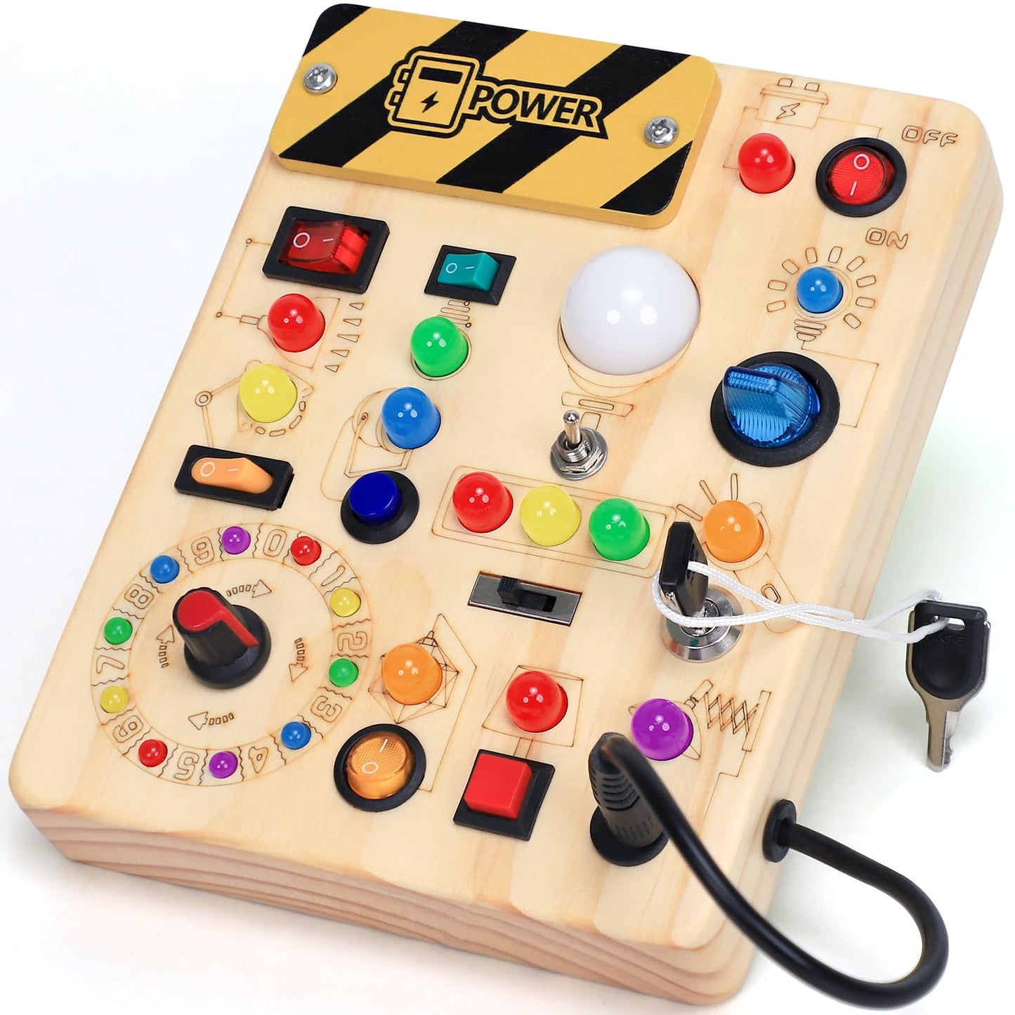 HotBusy Board with LED Light Switches, Montessori Toys for 1 2 3 Years Old, Toddlers Wooden Toy Sensory Activity Board, Travel Toys for 1+ Year Old Boy & Girl Birthday Gift