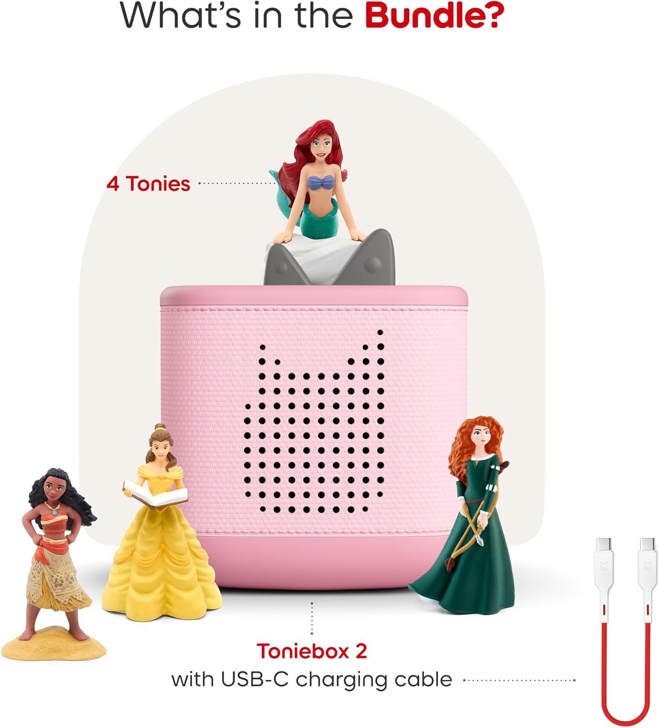 HotToniebox 2 Audio Player Disney Princess Bundle for Kids 3+ with Ariel, Moana, Merida, and Belle - Cloud Pink