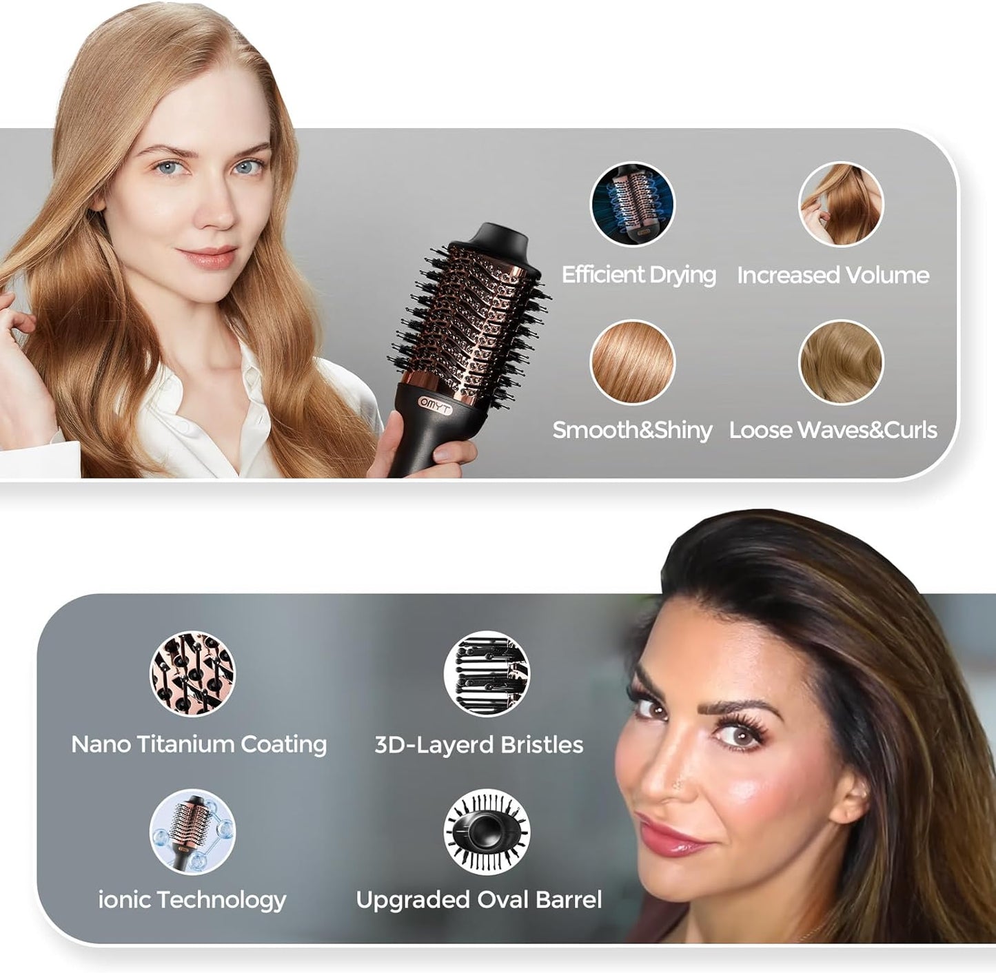 HotTYMO Hair Dryer Brush Blow Dryer Brush in One, 4 in 1 Ionic Hairdryer and Styler Volumizer with Oval Titanium Barrel, Hot Air Straightener for Smooth Frizz-Free Blowout, Gold, 2.85 Inch