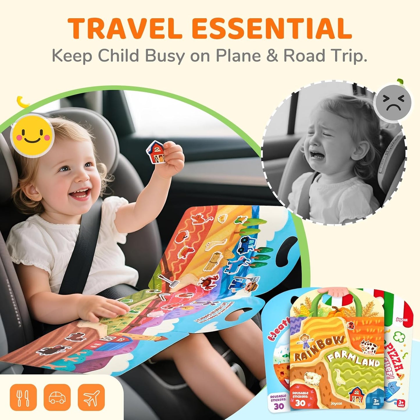 HotJoyCat Reusable Sticker Book Set (3-Pack): Farm, Pizza-Making, Weather - 90 Pcs Stickers for Toddlers, Kids Sticker Activity Book, Road Trip Travel Toys, Birthday Gifts for Boys and Girls