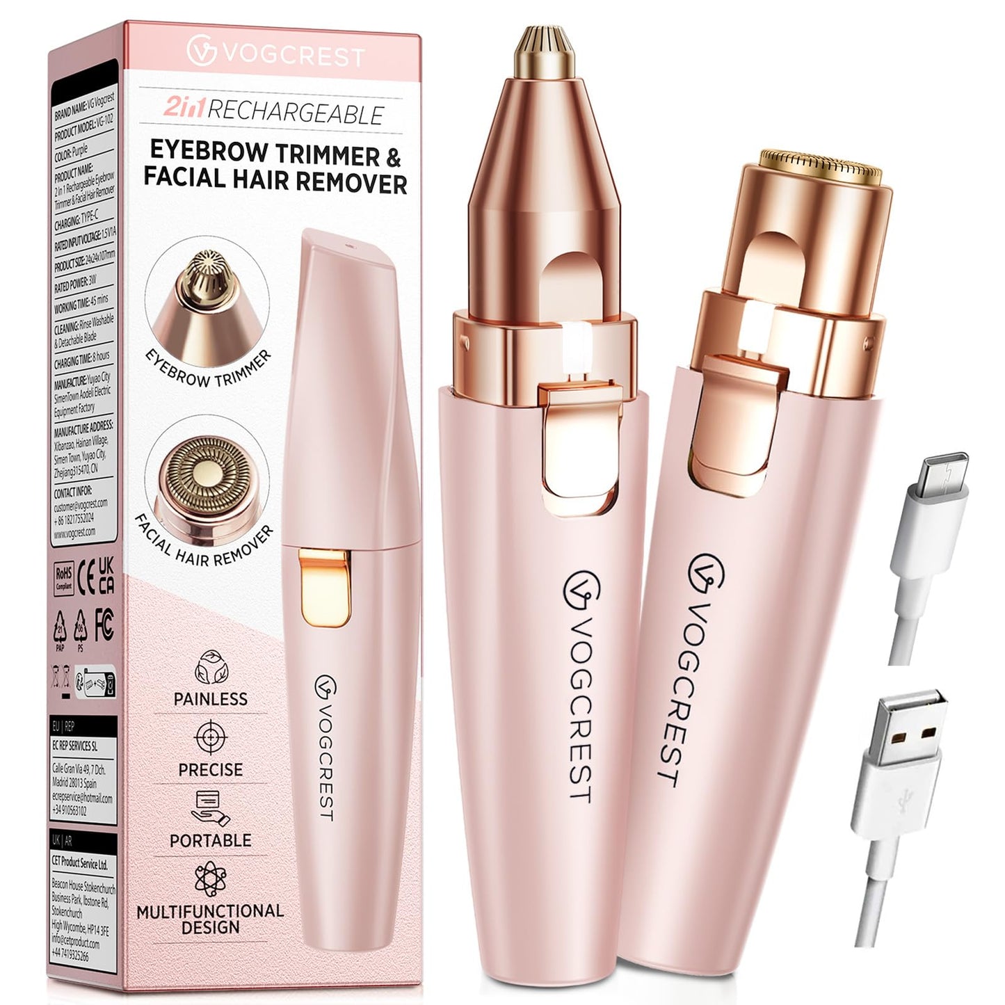 HotVG VOGCREST Eyebrow & Facial Trimmer: 2 in1 Rechargeable Facial Hair Removal & Eyebrow Shaver - Body Razor with Built-in LED Light (Rose Gold)