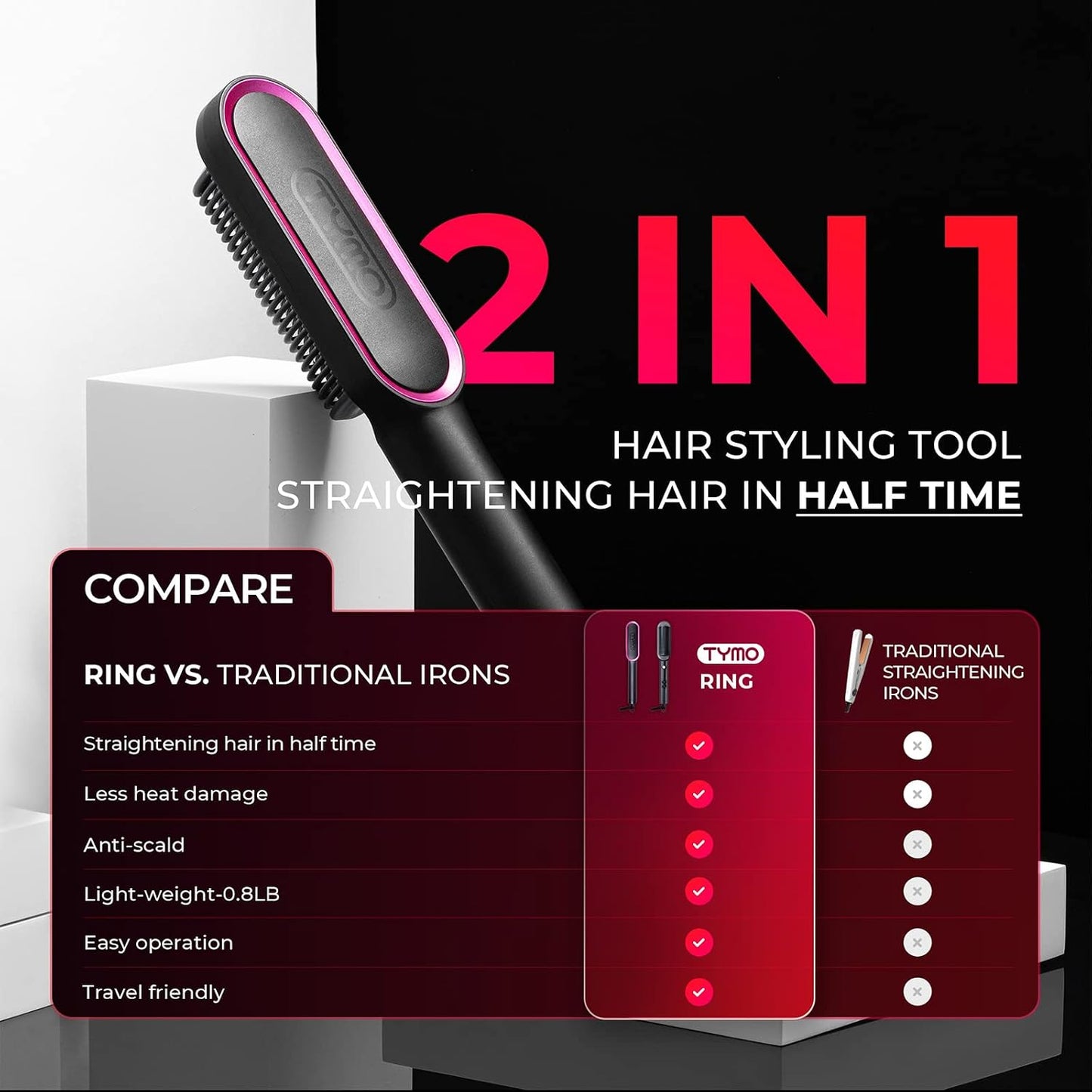 HotHair Straightener Brush, TYMO Ring Hair Straightener Comb Straightening Brush for Women with 5 Temps 20s Fast Heating & Dual Voltage, Black