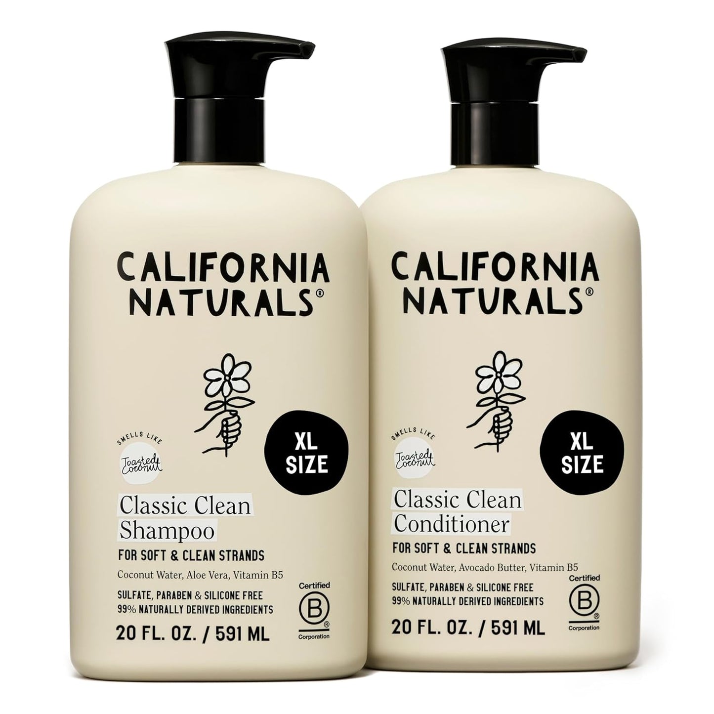 HotCalifornia Naturals Classic Clean Toasted Coconut Shampoo Conditioner Set, Natural, Vegan, Cruelty, Silicone, Paraben, and Sulfate Free, All Hair Types, 20 Fl Oz