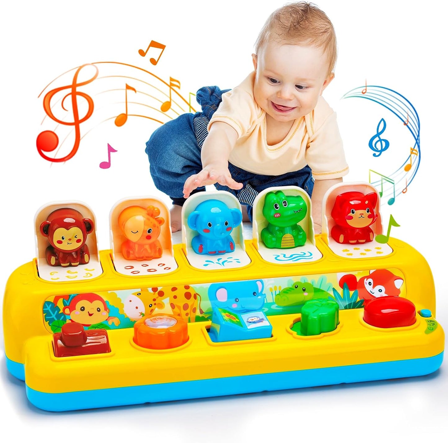 HotInteractive Pop up Animal Toys with Music & Light, Montessori Cause and Effect Toys for 1 Year Old Boy Girl Early Learning Musical Baby Toy 12-18 Months STEM Toddler Toy Age 1-2 Gift for Infant