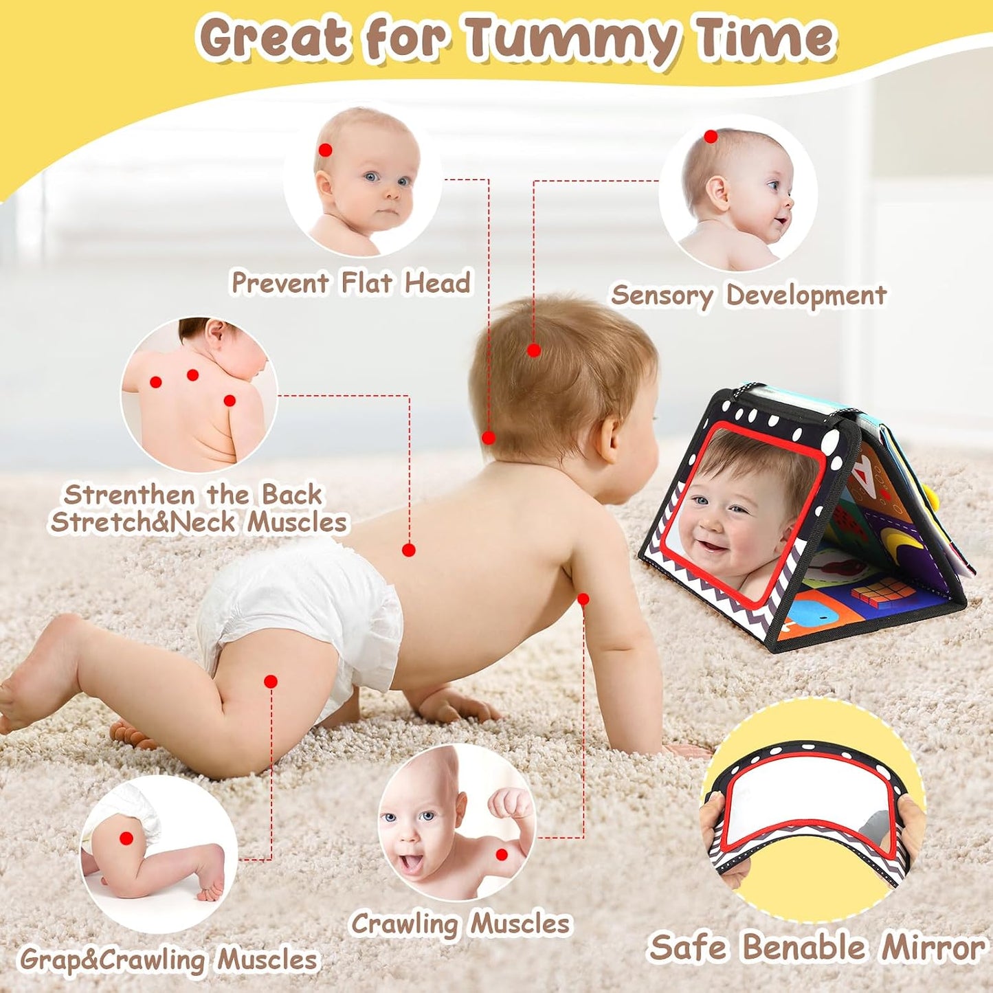 HotURMYWO Tummy Time Toys - Black and White High Contrast Baby Toy for Newborn - Baby Visual Stimulation Mirror - Montessori Sensory Crinkle Toy for Infant 0-3-6-12 Months - Boy Girl Shower Gifts