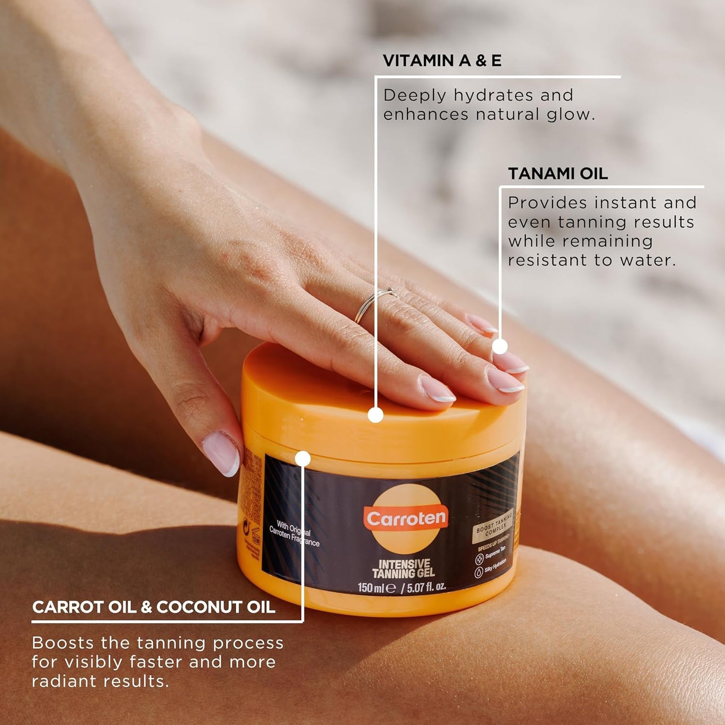 HotCarroten Intensive Tanning Gel | Browning Tan Accelerator | Non-Greasy, Water-Resistant with Carrot and Coconut Oil | Vitamin A & E For Moisture & Hydration | Made in Greece | 5 Fl Oz