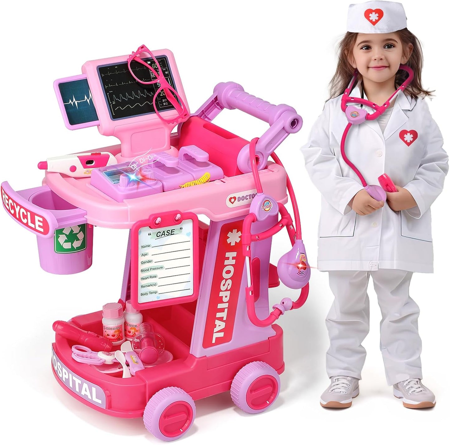 Hot Liberry Toddlers Doctor Kit Toy for Girls Boys Ages 2 3 4 5, Pink | Kids Doctor Playset with Cart, Costume & Stethoscope, Role Play, Pretend Play Medical Toys, Birthday Gift