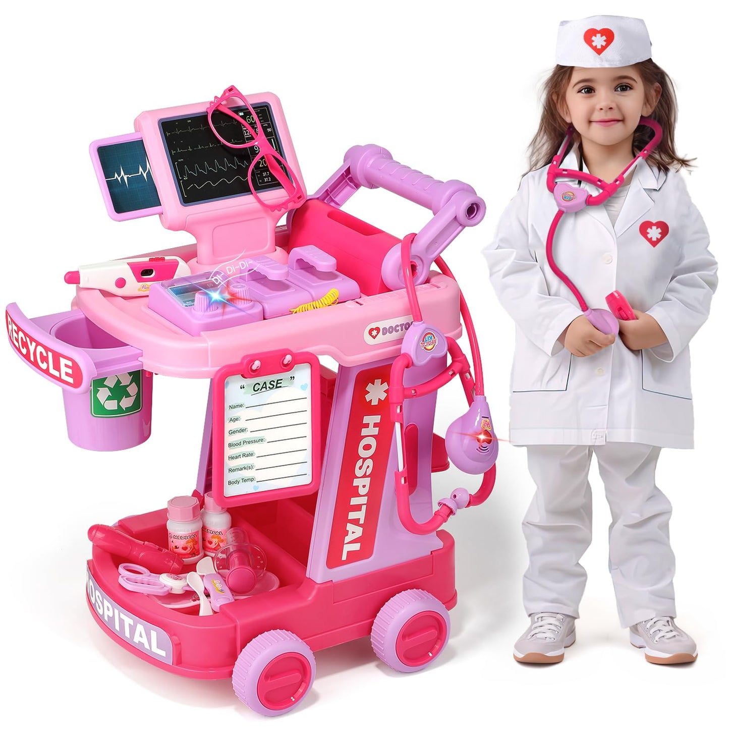 Hot Liberry Toddlers Doctor Kit Toy for Girls Boys Ages 2 3 4 5, Pink | Kids Doctor Playset with Cart, Costume & Stethoscope, Role Play, Pretend Play Medical Toys, Birthday Gift