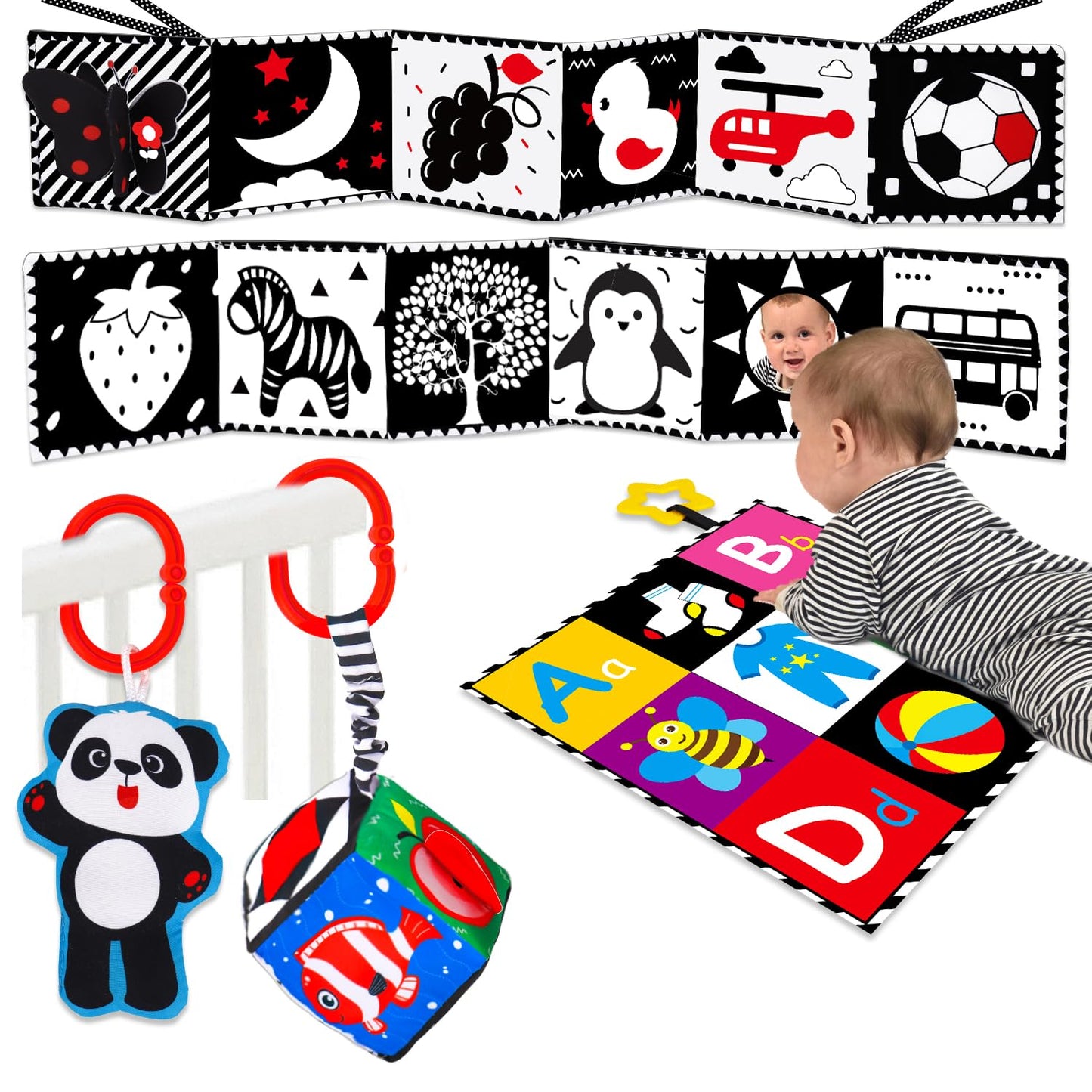 HotBlack and White High Contrast Toys for Baby 0-3 3-6 months Infant Tummy Time Soft Crinkle Book Mirror Sensory Toys 0 2 4 5 6 Month Old Babies Boy Gril Newborn Development Christmas Stocking Stuffer