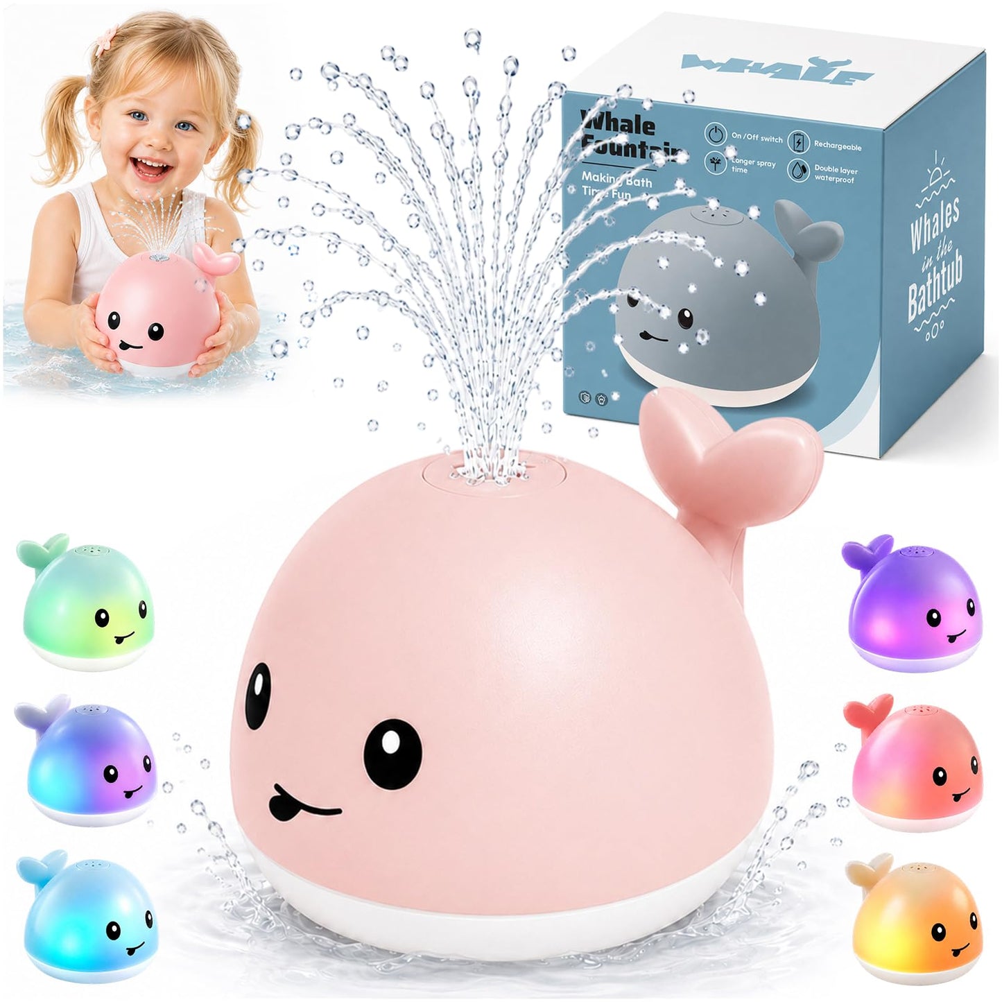 HotGigilli Bath Toys for Kids, Baby Bath Toys, Pool Water Toys for Toddlers, Babies Boy Girl Gifts, Light Up Whale Bath Toy Sprinkler, Birthday Bathtub Fountain Toy