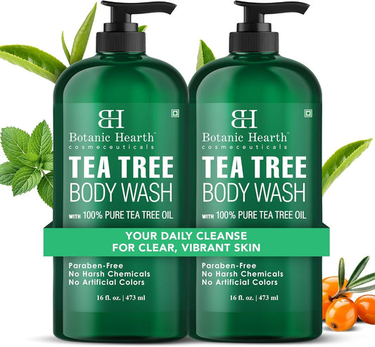 HotBotanic Hearth Tea Tree Body Wash, 16 Fl Oz (473 ml) Pack of 2 | With Tea Tree Oil, Peppermint & Sea Buckthorn | Gently Cleanses, Refreshes & Nourishes Skin | Sulfate & Paraben Free | For Men & Women