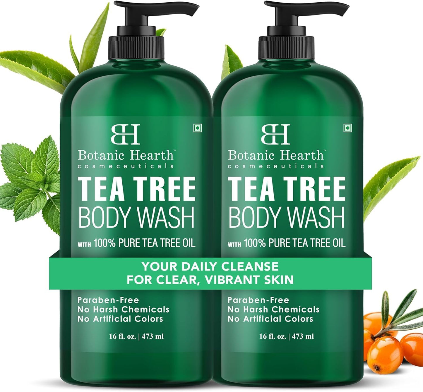 HotBotanic Hearth Tea Tree Body Wash, 16 Fl Oz (473 ml) Pack of 2 | With Tea Tree Oil, Peppermint & Sea Buckthorn | Gently Cleanses, Refreshes & Nourishes Skin | Sulfate & Paraben Free | For Men & Women