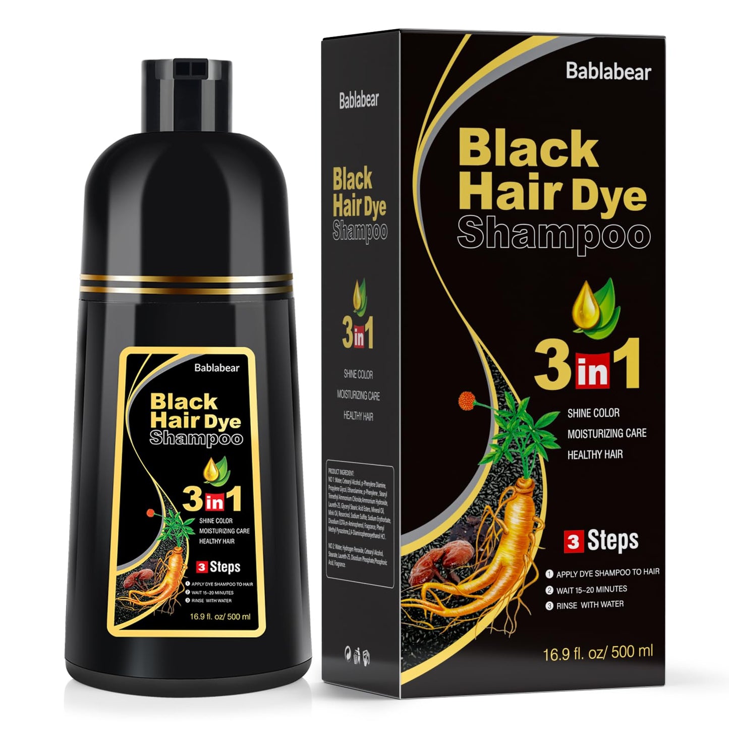 HotBablabear Black Hair Dye Shampoo for Gray Hair,Hair Color Shampoo for Women and Men, Grey Coverage.500ml