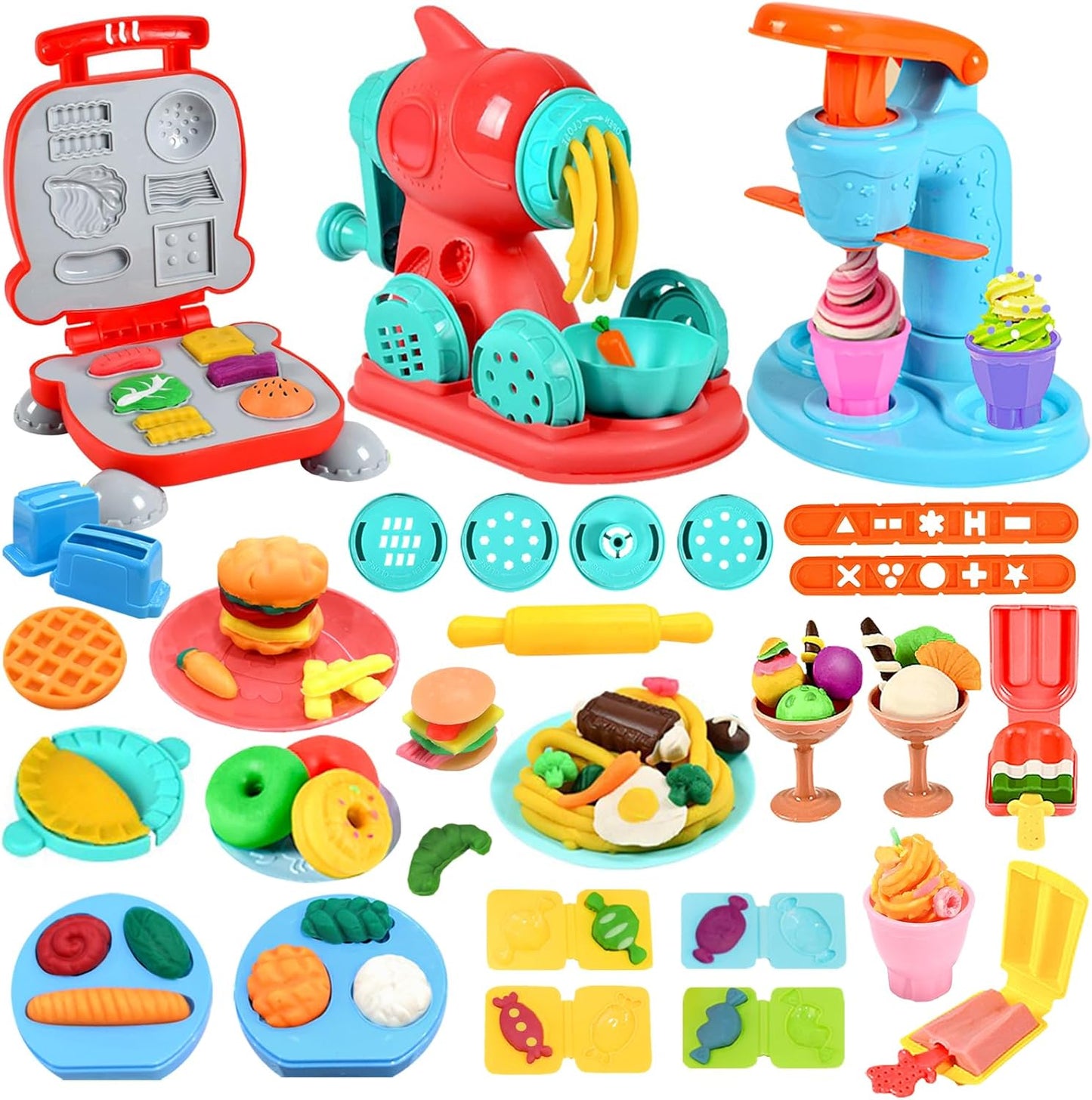 Hot Crelloci 3 in 1 Color Dough Kitchen Creations Set, Ice Cream Spaghetti Burger Maker Machine, Art Crafts Food Modeling Toys, Accessories Tools Kit for Boys Girls Kids Toddlers Ages 3+ (12 Colors Dough)