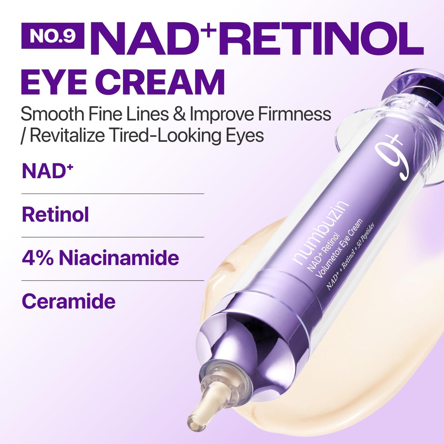Hotnumbuzin No.9 NAD+ Retinol Eye Cream for Dark Circles, Puffiness, Crow's Feet with 50 Peptides, 4% Niacinamide & Ceramide, Reduces Wrinkles & Fine Lines, korean eye cream, 0.33 fl oz