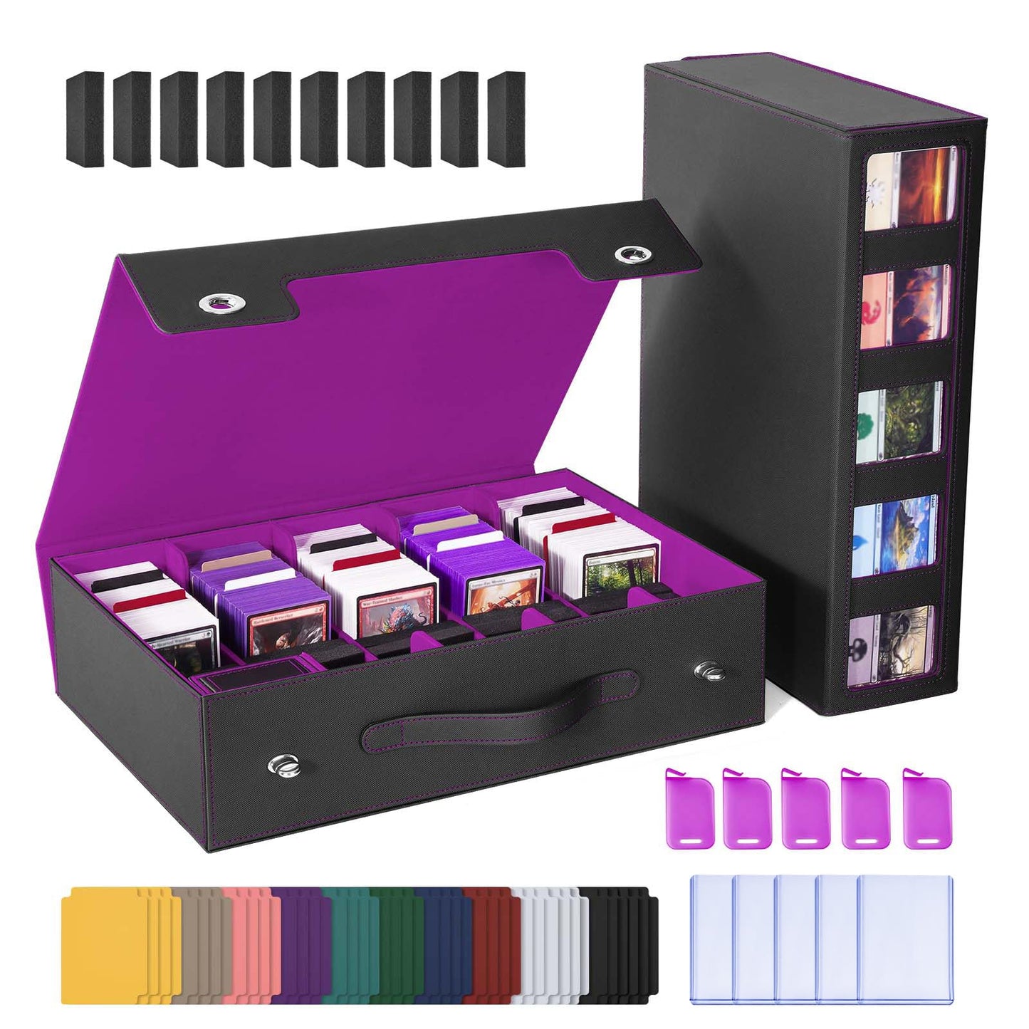 Hot UAONO Trading Card Storage Box, Holds 1800 Sleeved Cards with 10 Dividers & 3 Stoppers, Magnetic Closure PU Leather Card Case for MTG, PTCG, YGO, Sports Cards (Black)